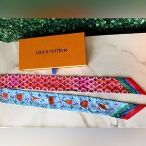 Louis Vuitton Pink Red and Blue Silk Twilly Set
